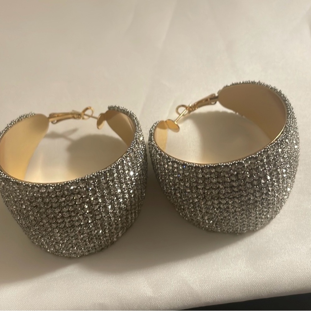 Large Wide Hoops with Small Crystals gold inside